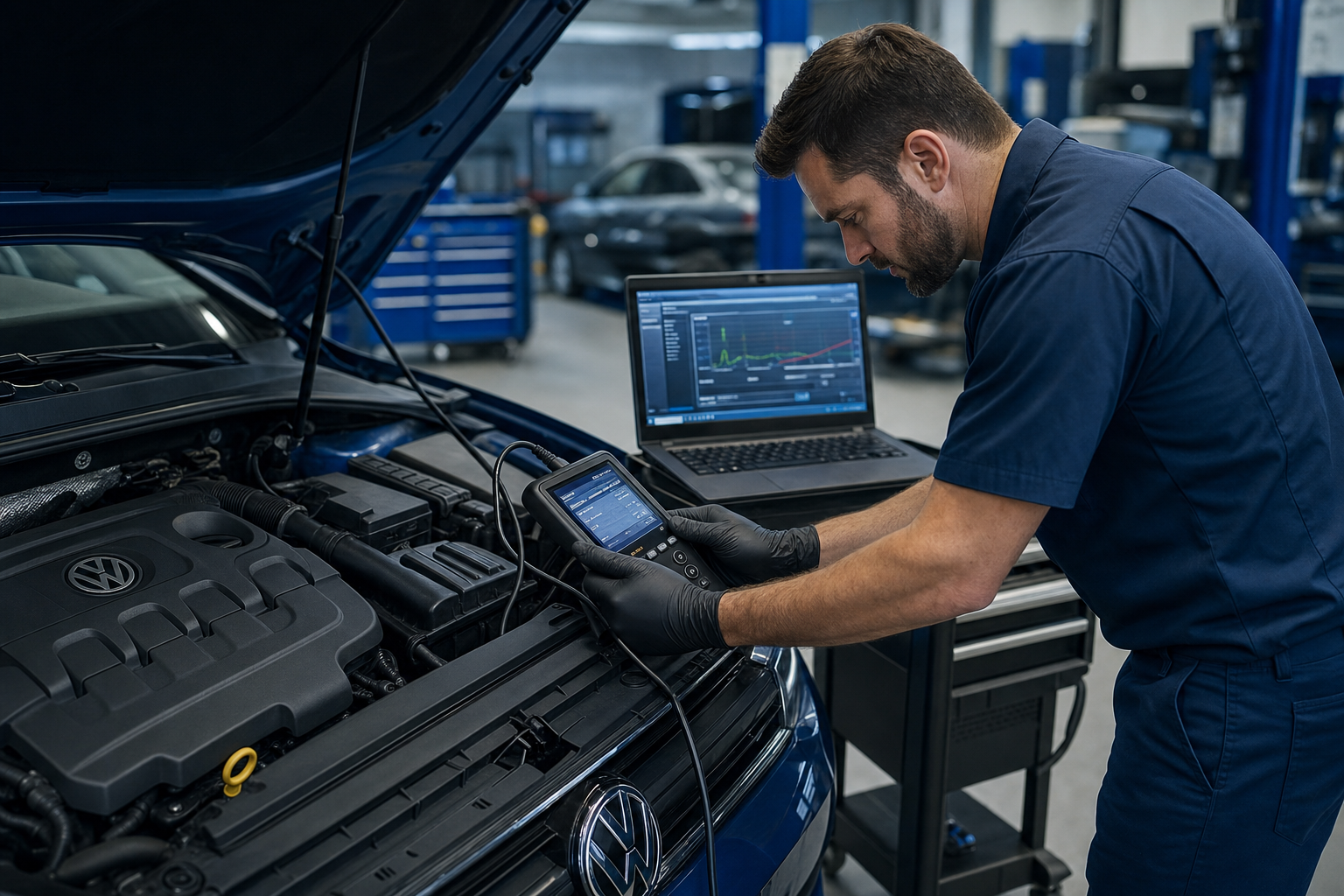 Mecánico usando scanner de diagnóstico conectado al puerto OBD de un Volkswagen